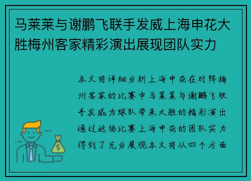 马莱莱与谢鹏飞联手发威上海申花大胜梅州客家精彩演出展现团队实力